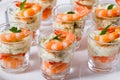 individual Cocktail Shrimp Shooters with delicious homemade aioli spicy sauce Royalty Free Stock Photo