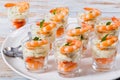 Individual Cocktail Shrimp Shooters with spicy sauce