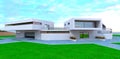 Individual design of the modern eco-friendly villa. View of the back entrance and garage. Well-groomed lawn. 3d rendering