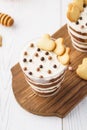 Individual desserts in glasses, chocolate trifle with hearts