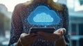 Individual engaging with a smartphone showcasing cloud computing visuals and data interaction