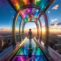 individual in a glass elevator along a rainbow bridge a fantas