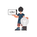 The individual is holding a browser window with a programming picture, and to boot standing near a colossal light bulb Royalty Free Stock Photo