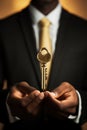 An individual holding a golden key