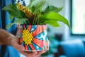 individual holding a pop art styled plant pot with a comic burst design