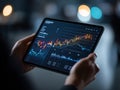 Individual holding a tablet displaying financial data analytics with colorful graphs and charts, showcasing modern Royalty Free Stock Photo