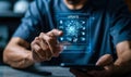Individual Interacting with Smartphone During Software Update Process Displayed Through Augmented Reality Interface