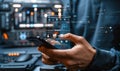 Individual Interacting with Smartphone During Software Update Process Displayed Through Augmented Reality Interface