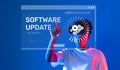 Modern software update interface with user interaction, showcasing technology, gears, and a blue background for Royalty Free Stock Photo