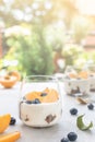 Individual layered desserts with sponge cake, cream and peach fruit, blueberry, trifle Royalty Free Stock Photo
