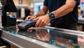 individual paying with wearable device, customer completes self checkout with smartwatch and barcode scanner, user efficiently Royalty Free Stock Photo