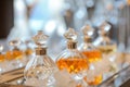 individual perfuming, elegant perfume bottles in the foreground Royalty Free Stock Photo