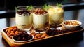 Trio of Yogurt Parfaits with Various Toppings.Generative ai