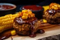 Individual servings of mini meatloaf topped with tangy BBQ sauce, served with crispy onion rings and sweet corn