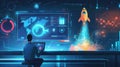 Startup software developer codes on a sleek laptop, creating new software solutions in an energetic and fast-growing company