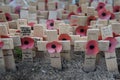 Individual small wood crosses each with a poppy and message in rememberance