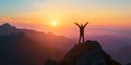 An Individual Triumphantly Embraces The Sunrise Atop A Mountain, Basking In Success