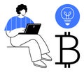 Person working on a laptop with Bitcoin symbol and glowing light bulb emphasizing creativity and innovation Royalty Free Stock Photo
