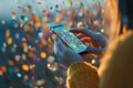Individual using smartphone with colorful app icons floating around in artistic photography style