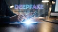 Hands of a person interacting with a smartphone displaying deepfake technology, illuminated by a bright light, showcasing digital Royalty Free Stock Photo