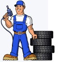 Tire fitting Tire repair Man cartoon illustration