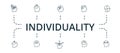 Individuality icon set. Contains editable icons theme such as emotional intelligence, critical thinking, fast thinking