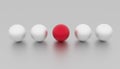 Individuality, unique and different red ball and other white. Contrast concepts