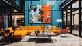 Individualization in interior design. Bright modern design of the living room, abstract paintings on the walls. Royalty Free Stock Photo