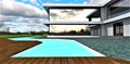 Individually shaped swimming pool with daylight lighting in the courtyard of an elite private house. Wooden flooring along the
