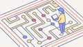 Individuals connecting points in a complex circuit maze, vector design Generative AI Royalty Free Stock Photo