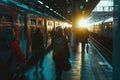 Individuals gathered by train tracks at a busy station, preparing to board a train, Commuters walking to catch a train at a busy