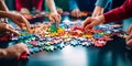 individuals piecing together a giant puzzle, representing teamwork and collaboration in business. Generative AI