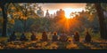 Individuals relax in sunsetlit park, surrounded by nature and serenity