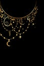 Mystic celestial golden frame with stars, floral, crescent, and copy space in boho style. Ornate magical banner template