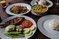 Indo food: Kankung plecing spicy water spinach dish, Ikan goreng fried fish and kare curry