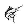 Indo-Pacific Blue Marlin Swimming Upward Stencil Retro Black and White