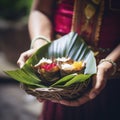 indonesia bali hindu offering on palm leaf Royalty Free Stock Photo