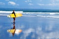 Indonesia, Bali Island, Kuta - October 10, 2017: Girl surfer with a surfboard walking along the beach. School of surfing in Bali. Royalty Free Stock Photo