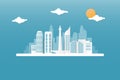 Flying Jakarta City skyline using paper cut design, with cloud and sun element