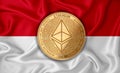 Indonesia flag ethereum gold coin on flag background. The concept of blockchain bitcoin currency decentralization in the