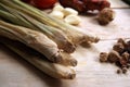 Indonesia herbs and spices on wooden table Royalty Free Stock Photo