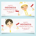 Indonesia Independence Day Banner. North Sulawesi Children Holding Flags. Cartoon Vector Design