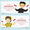 Indonesia Independence Day Banner, West Sulawesi Children Holding Flags. Cartoon Vector Design