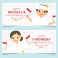 Indonesia Independence Day Banner. Bali Children Holding Flags. Cartoon Vector Design