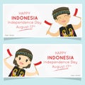 Indonesia Independence Day Banner, Dayak Children Holding Flag. Cartoon Vector Design