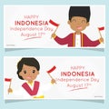 Indonesia Independence Day Banner.North Maluku Children Holding Flags. Cartoon Vector Design