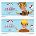 Indonesia Independence Day Banner, Papua Children Holding Flag. Cartoon Vector Design