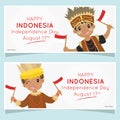 Indonesia Independence Day Banner. West Papua Holding Flags. Cartoon Vector Design