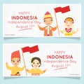 Indonesia Independence Day Banner, Indonesia Children Holding Flag. Cartoon Vector Design