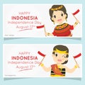 Indonesia Independence Day Banner, Toraja and NTT Girls Holding Flag. Cartoon Vector Design